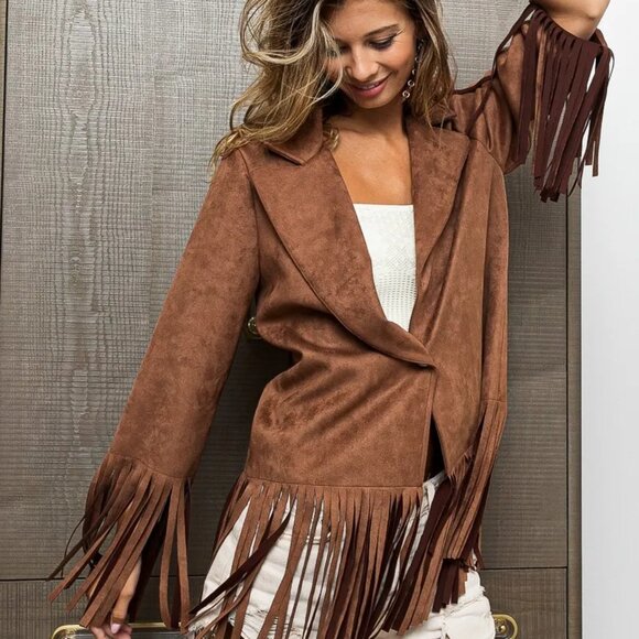 ✨NWT BiBi Suede Single Blazer with Fringed Hem - Picture 6 of 13